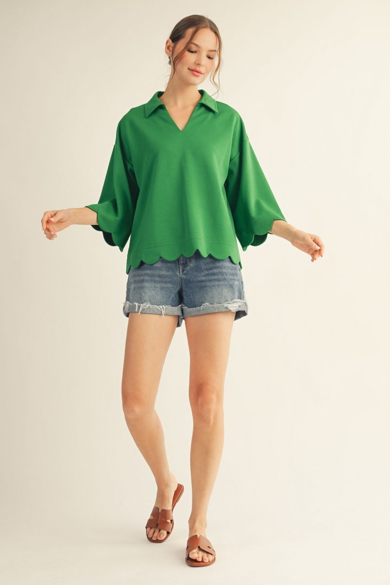 Scalloped Edge V Neck Top