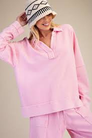 Textured Mineral Wash Long Sleeve Top Pink