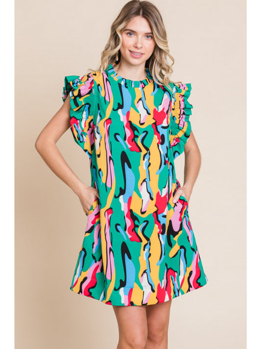 Multi Color Ruffle Sleeve Dress