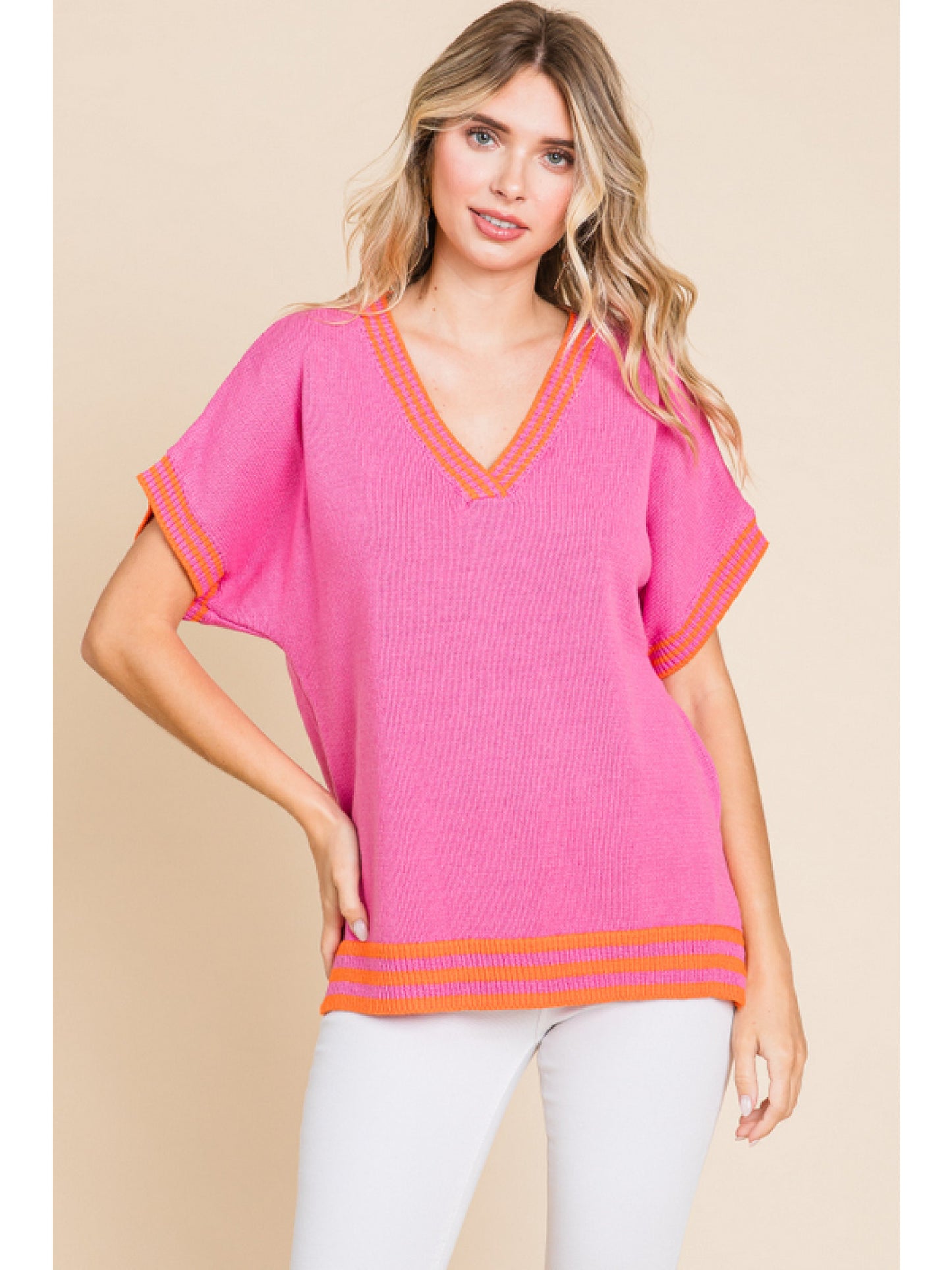 Pink Short Sleeve Sweater Top