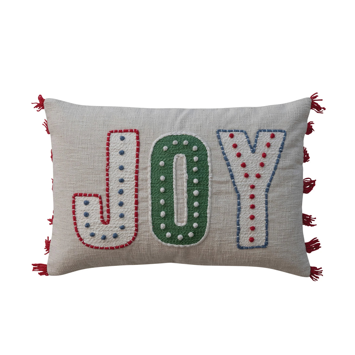 Cotton Lumbar Pillow Embroidery & Fringe "JOY"