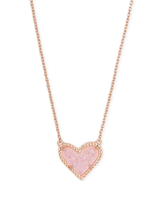 ARI HEART SHORT PENDANT NECKLACE ROSE GOLD PINK DRUSY