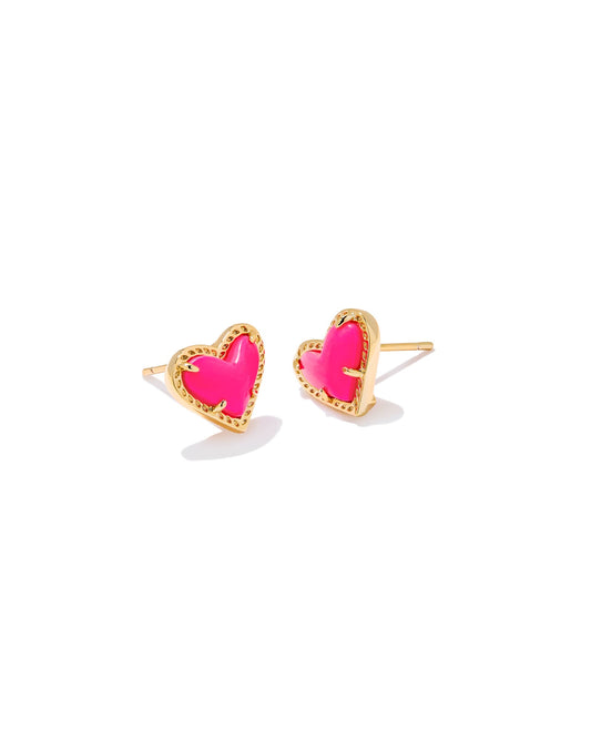 ARI HEART STUD EARRINGS GOLD NEON PINK MAGNESITE