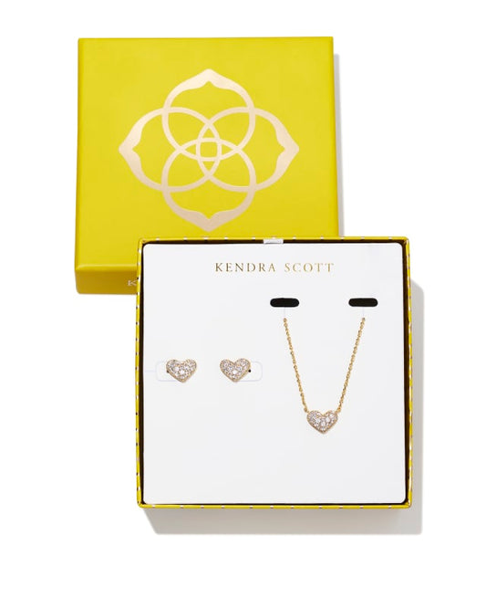 ARI PAVE CRYSTAL HEART PENDANT & STUD GIFT SET GOLD WHITE CZ