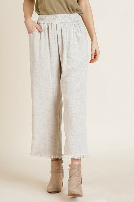 Wide Leg Linen Pants with Frayed Hem in Oatmeal Plus