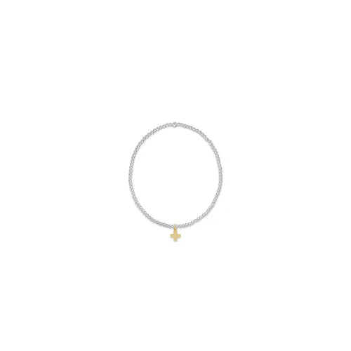 CLASSIC STERLING MIXED METAL  2MM BEAD BRACELET - SIGNATURE  CROSS SMALL GOLD CHARM