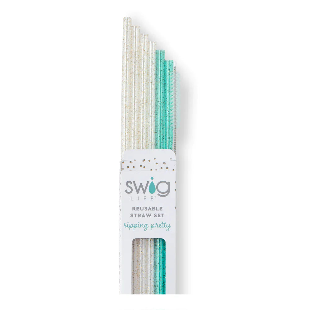 Reusable Straw Set Glitter Clear + Aqua