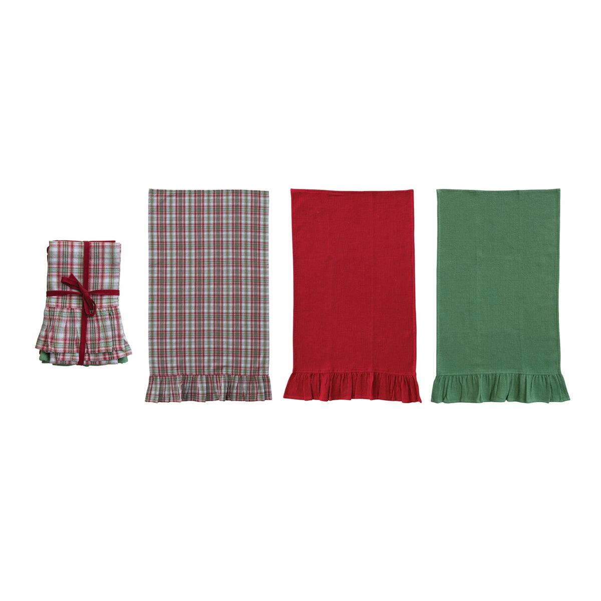 S/3 Woven Cotton Waffle Weave Tea Towels w Ruffle