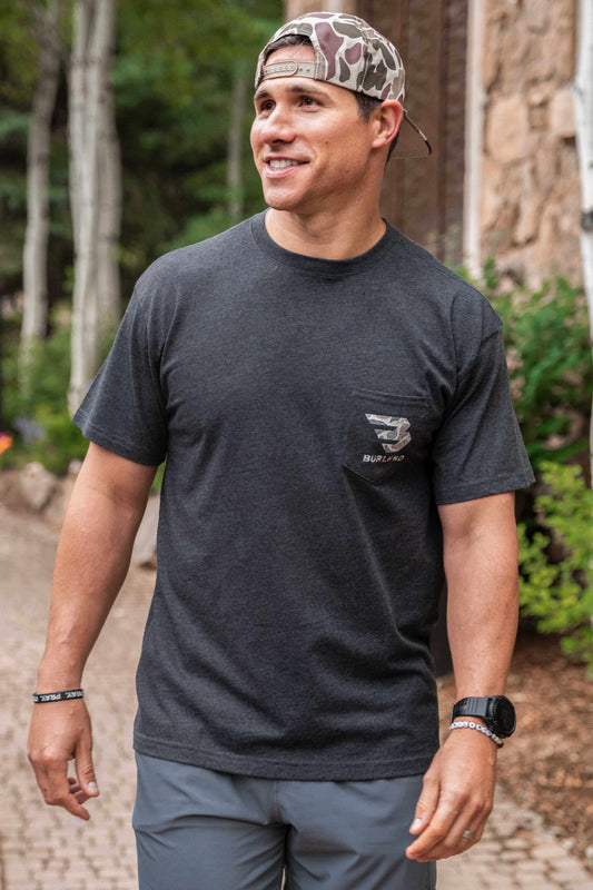 Adult SS Tee - Flying B Deer Camo Logo - Heather Black