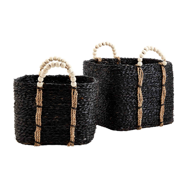 Beaded Handle Woven Basket Set of 2 Black