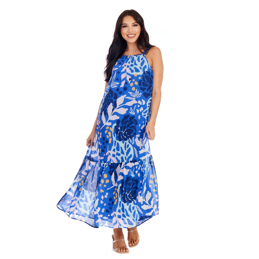 Kallie Maxi Dress in Blue Leaf Floral