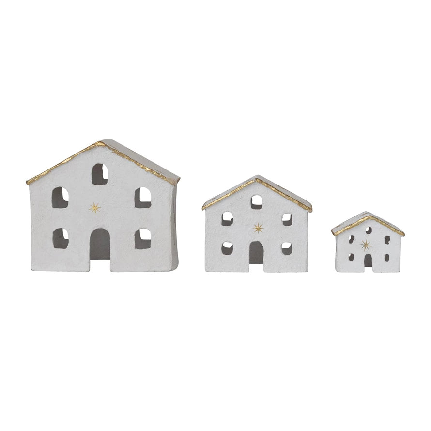 Paper Mache Houses with Gold Foil Stars & Trim Set of 3