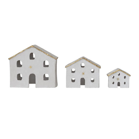 Paper Mache Houses with Gold Foil Stars & Trim Set of 3