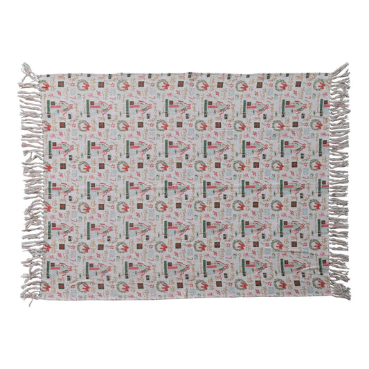 60"Lx50"W Cotton Slub Printed Throw w Holiday Pattern