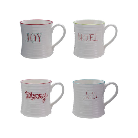 Embossed Stoneware Mug with Colored Rim