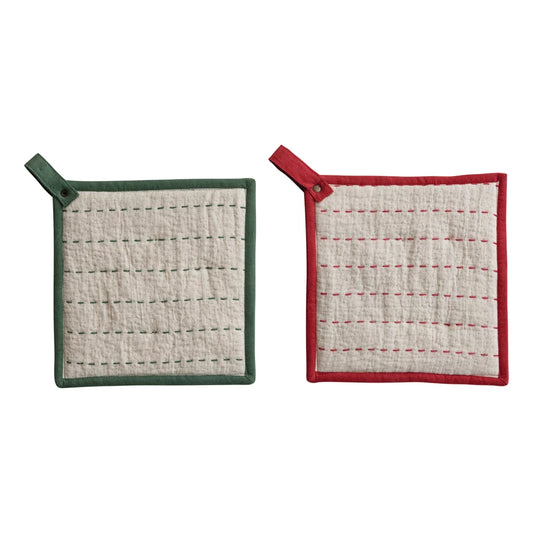Woven Pot Holder with Hand-Embroidered Kantha Stitch