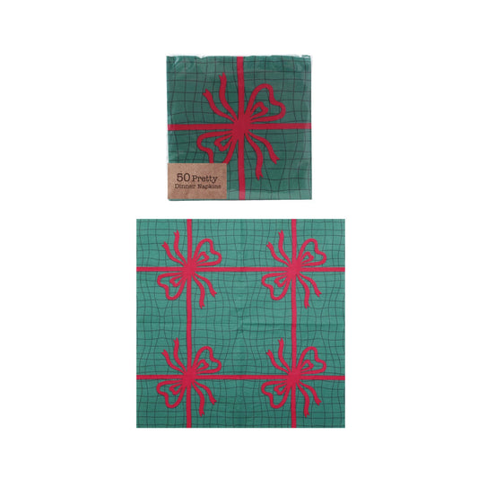 6-1/2" Sq Paper Napkins w Bow, Red & Green