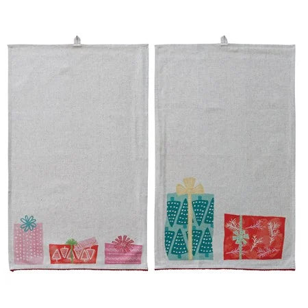 Printed Tea Towel with Gifts & Pom Pom Trim