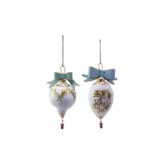 Hand Painted Paper Mache Ornament with Bow & Design