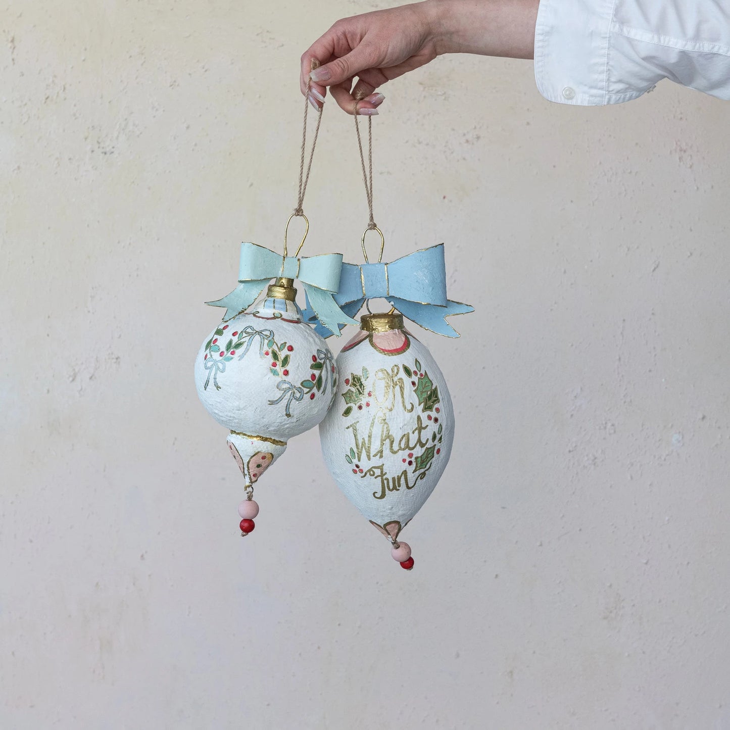 Hand Painted Paper Mache Ornament with Bow & Design