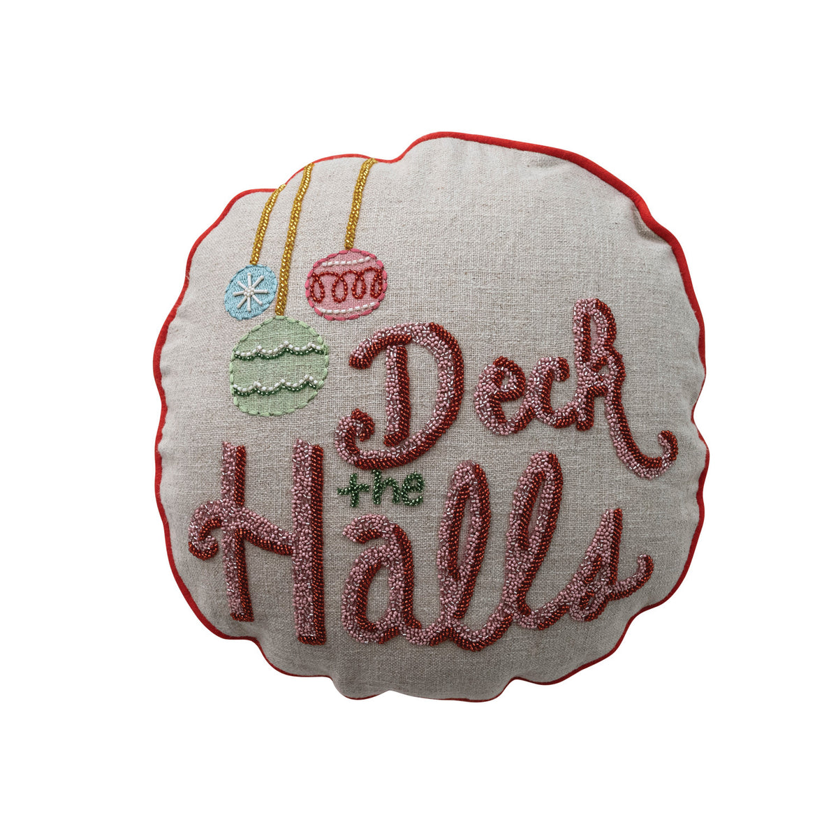 16" Round Linen Printed Pillow "Deck The Halls"
