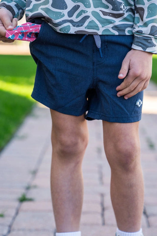 Youth Athletic Shorts in Heather Navy with American Flag Liner