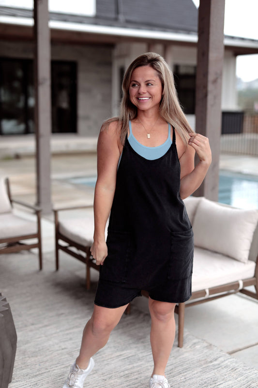 Ready to Play Romper in Midnight Acid Wash